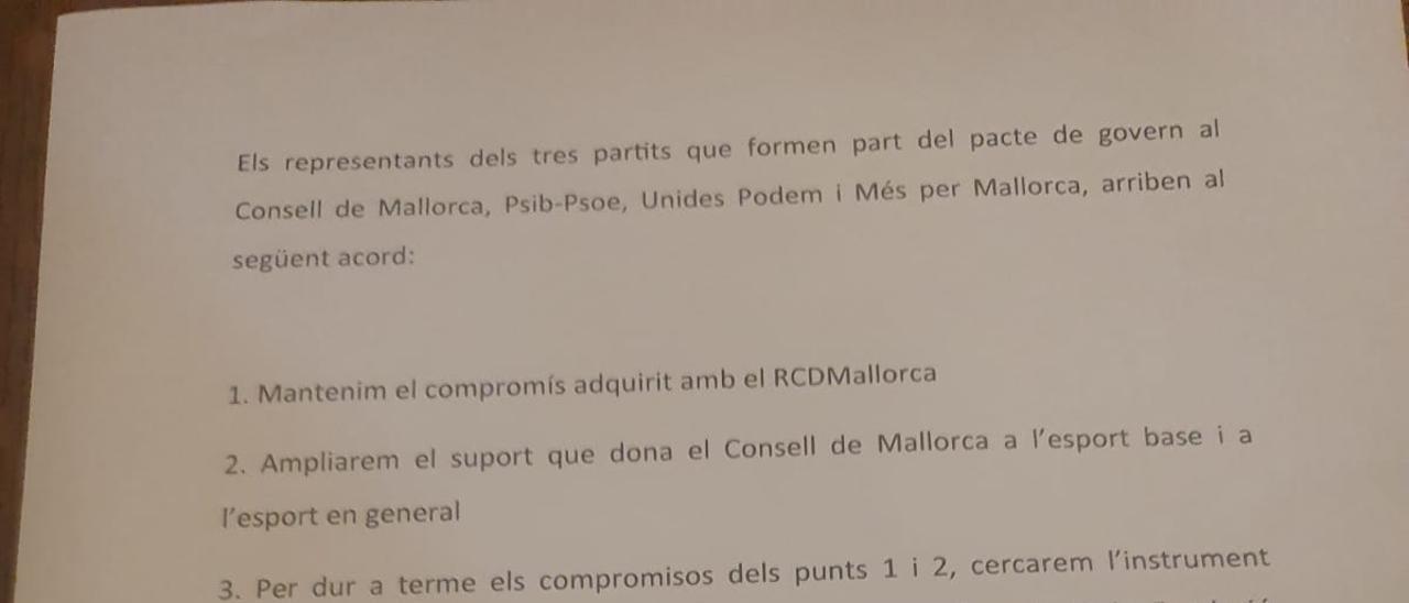 Documento del acuerdo al que llegaron los partidos del Pacto tras nueve intensas horas de negociación.