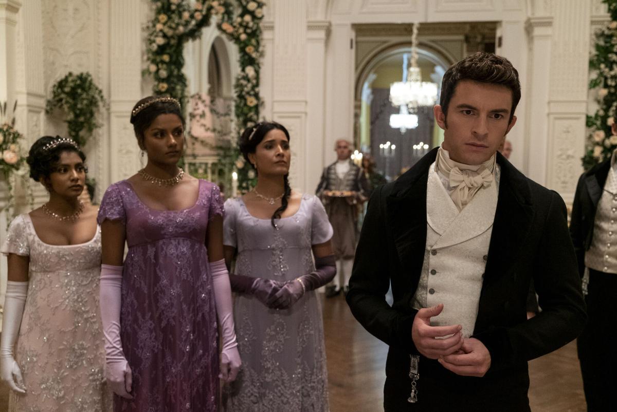 CULTURA Bridgerton. (L to R) Charithra Chandran as Edwina Sharma, Simone Ashley as Kate Sharma, Shelley Conn as Mary Sharma, Jonathan Bailey as Anthony Bridgerton in episode 207 of Bridgerton. Cr. Liam Daniel/Netflix © 2022