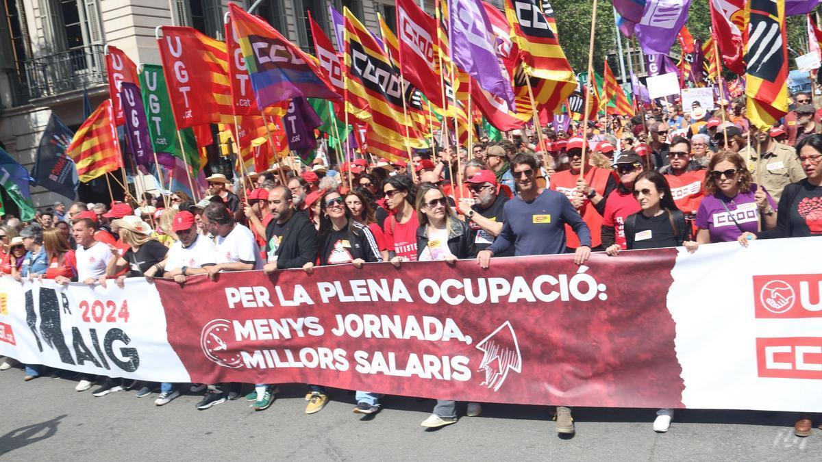 Capçalera de la manifestació de l'1 de Maig a Barcelona.