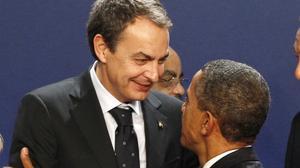 Barack Obama s’ha acostat avui a José Luis Rodríguez Zapatero per saludar-lo durant la cimera del G-20.