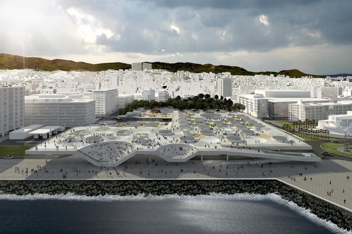 Infografía de la estación de San Telmo vista desde el mar de acuerdo al proyecto de 2011