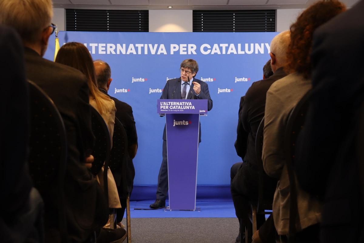 El líder de Junts, Carles Puigdemont, durante su intervención en Waterloo (Bélgica)