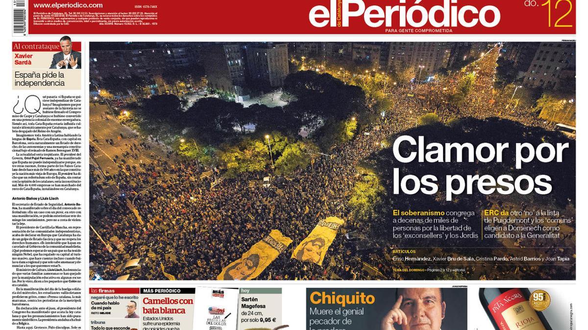 La portada de EL PERIÓDICO del 12 de noviembre del 2017