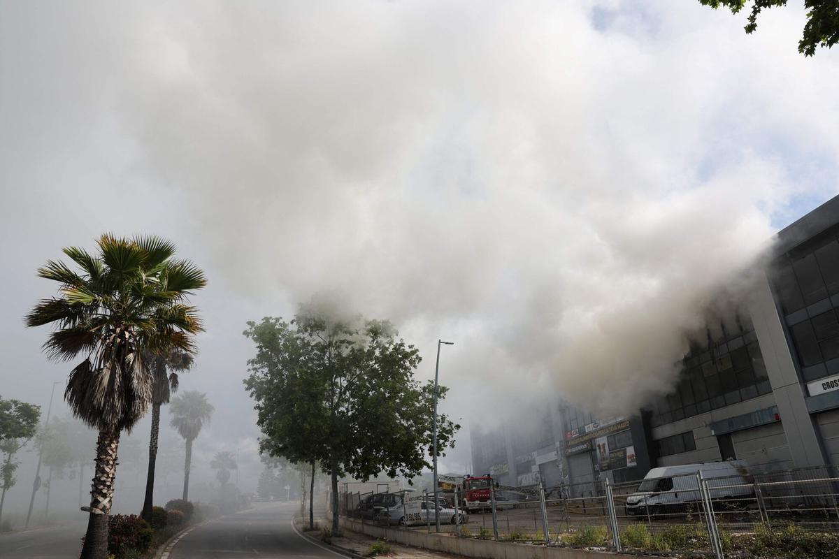 Una imagen tomada el 10 de mayo de 2025 muestra una columna de humo saliendo de un almacén de productos de limpieza para piscinas en la ciudad costera de Vilanova i la Geltrú, al sur de Barcelona. Las autoridades españolas instaron el sábado a más de 160.000 personas cerca de Barcelona a permanecer en sus casas después de que un incendio en una nave industrial liberara una nube tóxica de cloro sobre una amplia zona. 