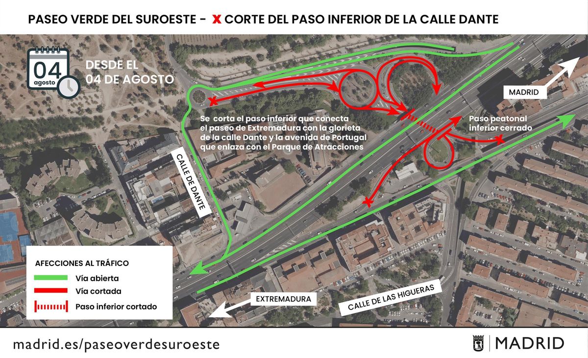 Mapa del corte del paso inferior de la calle Dante.