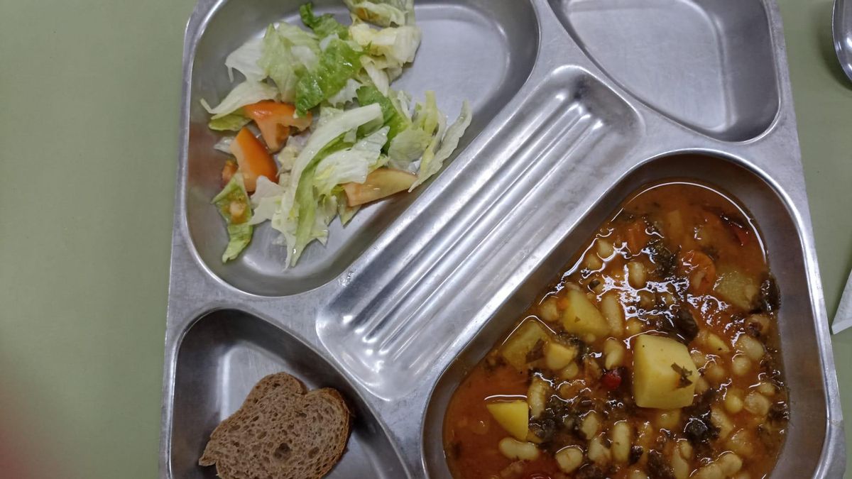 Comida en el comedor del Vicente Medina, sin piezas de fruta y con una ensalada solo de lechuga y tomate.