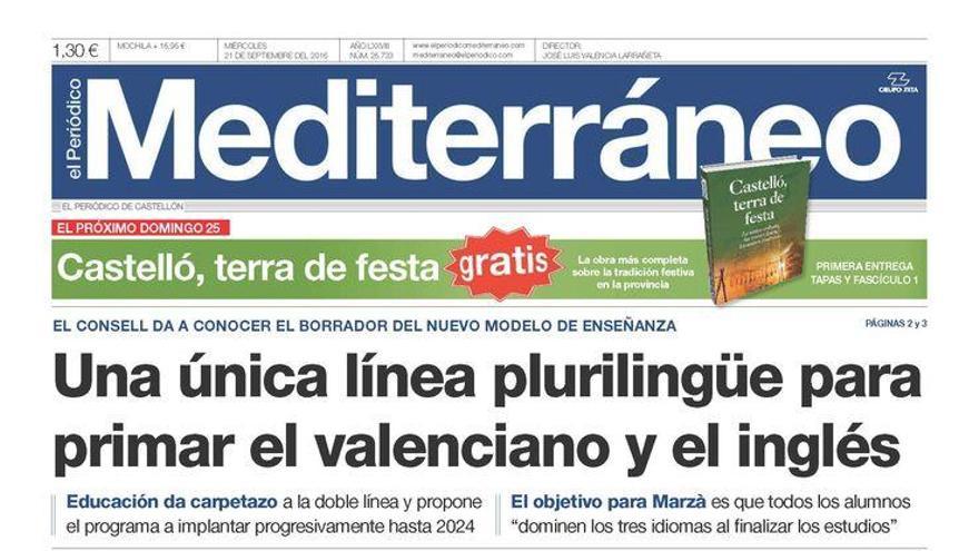 Una única línea plurilingüe para primar el valenciano y el inglés, en la portada de Mediterráneo