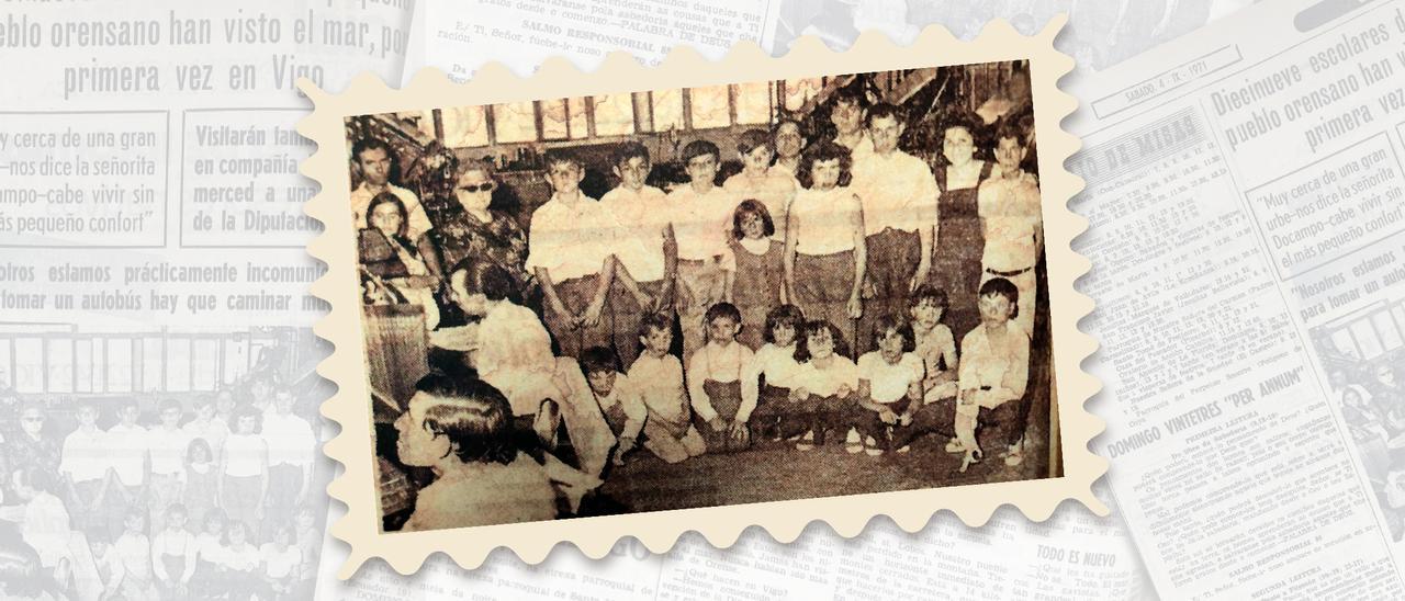 Montaje de una foto de escolares ourensanos de excursión en FARO y la edición de ese día.