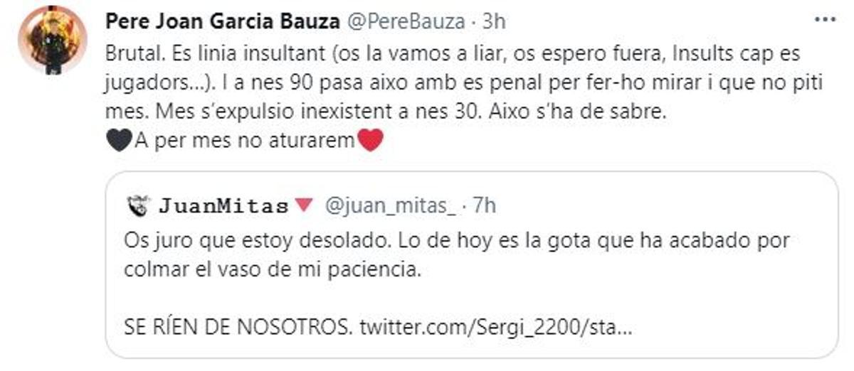 El tuit de Pere Joan García, que posteriormente ha borrado de su timeline.