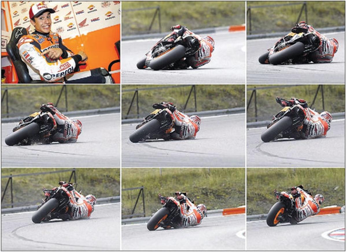 Marc Márquez mostra les empremtes del seu salvatge derrapatge a Brno.