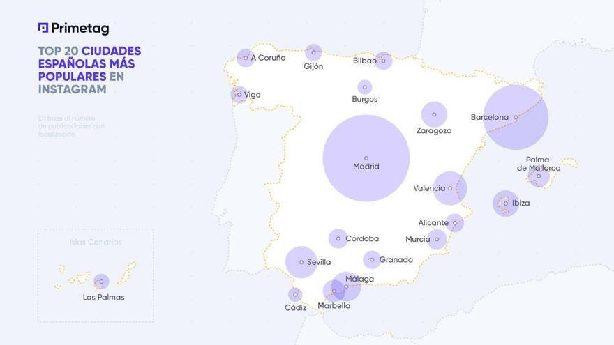 Mapa de las ciudades españolas con más menciones en Instagram