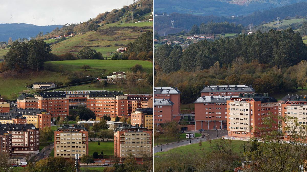 A la izquierda, panorámica de la urbanización de Las Campas, coronada por El Cantu de la loma de Pando. A la derecha, la calle Somiedo.