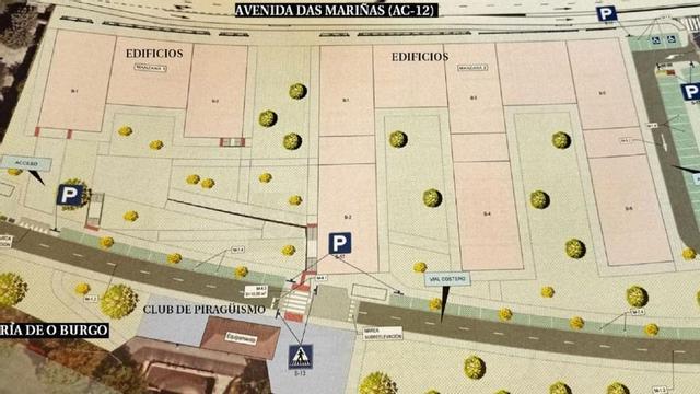Plano de situación de los bloques de pisos, zonas ajardinadas y el embarcadero en el polígono 22 al borde de la ría de O Burgo. |   // L.O.