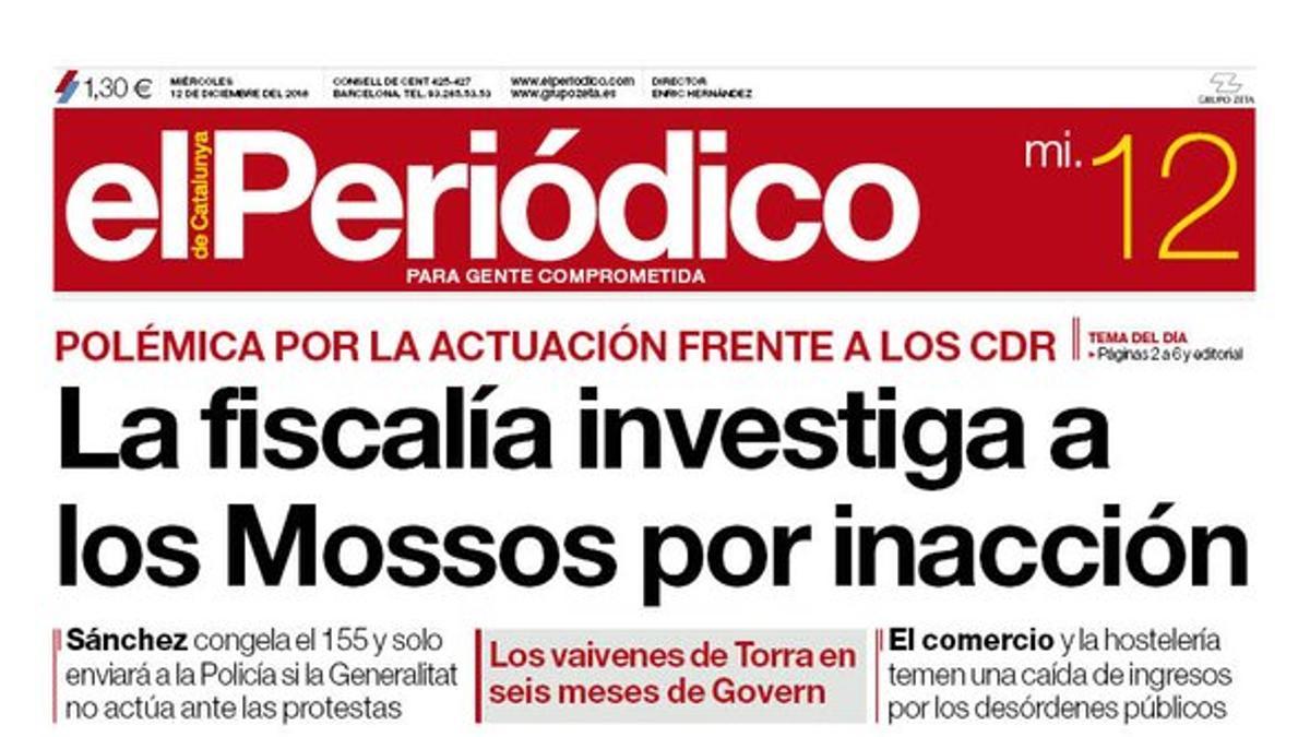 La portada de EL PERIÓDICO del 12 de diciembre del 2018