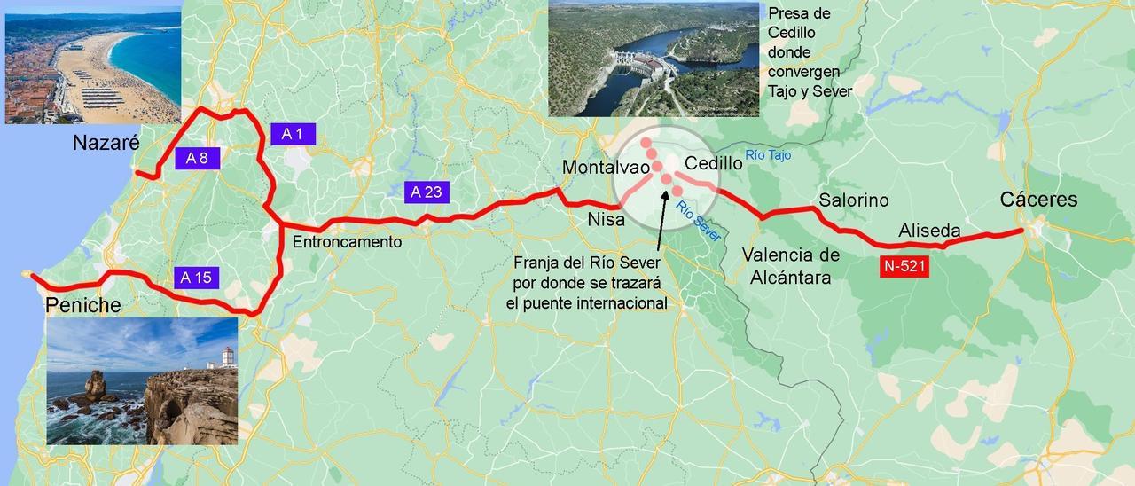Gráfico de la nueva conexión que facilitará el puente de Sever para acercar la provincia de Cáceres a las costas portuguesas.