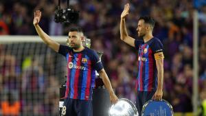 FC Barcelona´s Jordi Alba (L) and Sergio Busquets celebrate with LaLiga trophy after the Spanish LaLiga soccer match between FC Barcelona and RCD Mallorca at Camp Nou stadium in Barcelona, Spain, 28 May 2023. EFE/Enric Fontcuberta