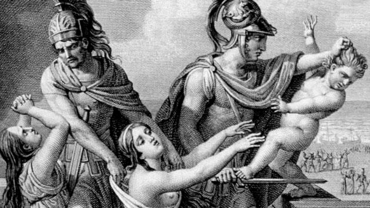 Astianacte es arrancado de los brazos de Andrómaca para ser arrojado al vacío.