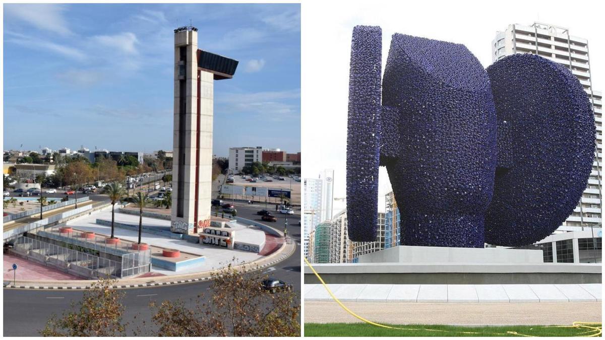 La Torre Miramar y la rotonda con la escultura 'Dama Ibérica' en València, ejemplos del libro 'Pormishuevismo'