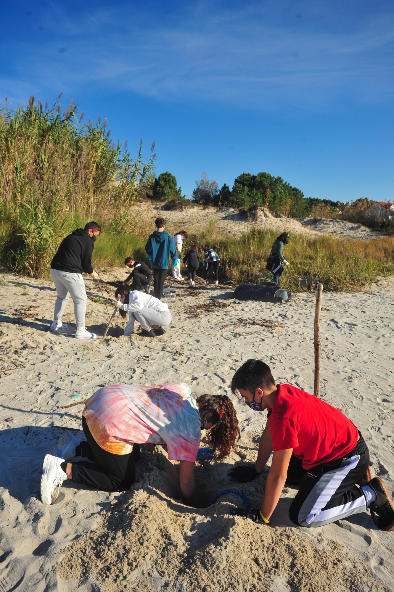 Eliminación de residuos en la playa de Area da Cruz a manos de los alumnos del IES As Bizocas.