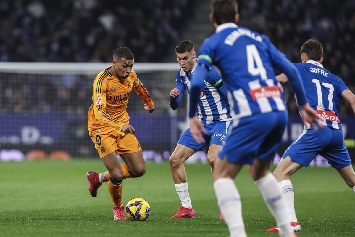 Kylian Mbappe of Real Madrid in action during the Spanish league, La Liga EA Sports, football match played between RCD Espanyol and Real Madrid at RCDE Stadium on February 01, 2025 in Cornella, Barcelona, Spain. AFP7 01/02/2025 ONLY FOR USE IN SPAIN. Javier Borrego / AFP7 / Europa Press;2025;Soccer;Sport;ZSOCCER;ZSPORT;RCD Espanyol v Real Madrid - La Liga EA Sports;