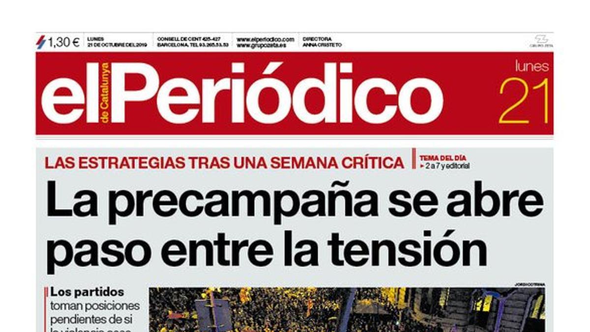 La portada de EL PERIÓDICO del 21 de octubre del 2019