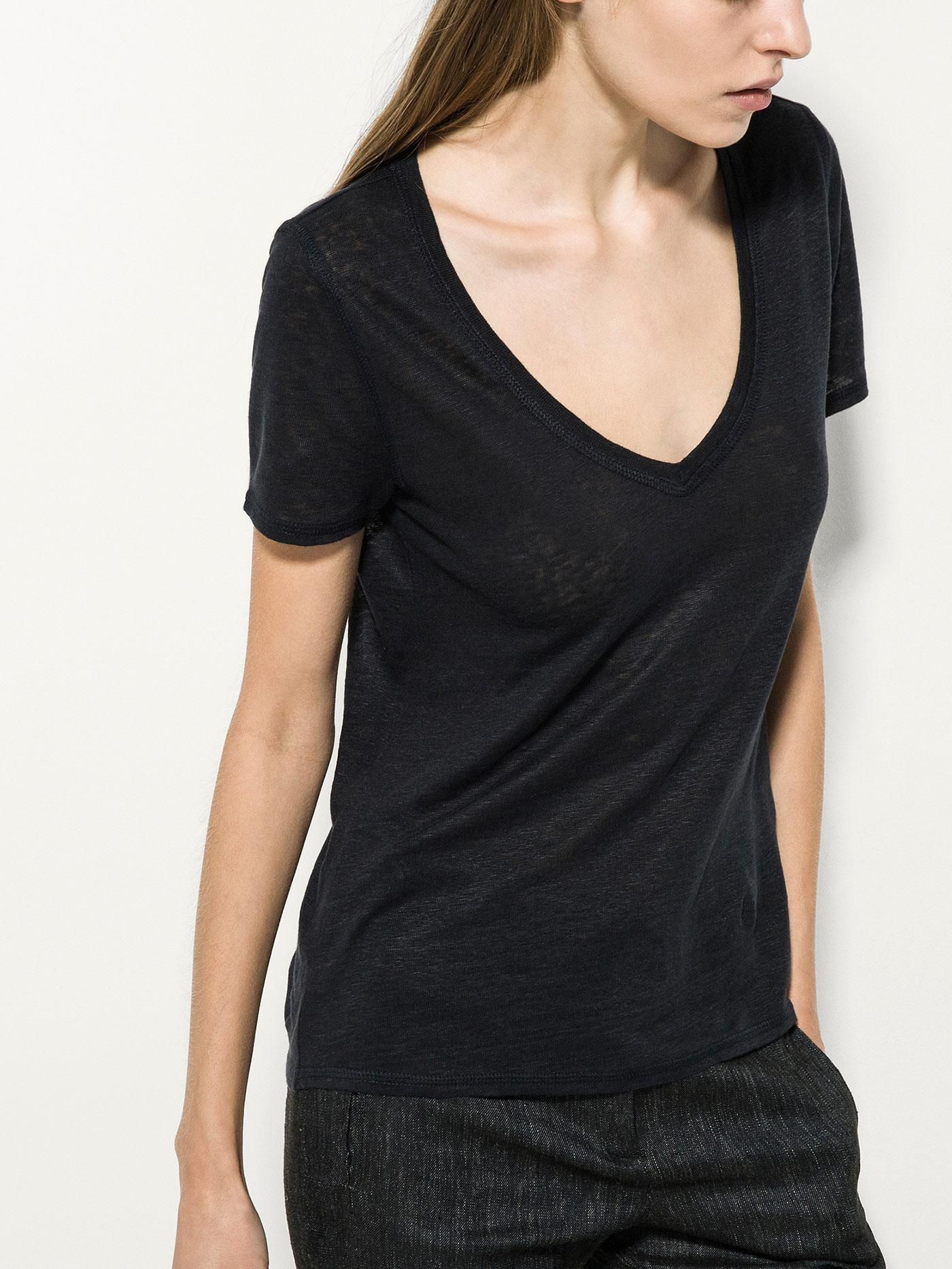 Camiseta lino escote pico, Massimo Dutti