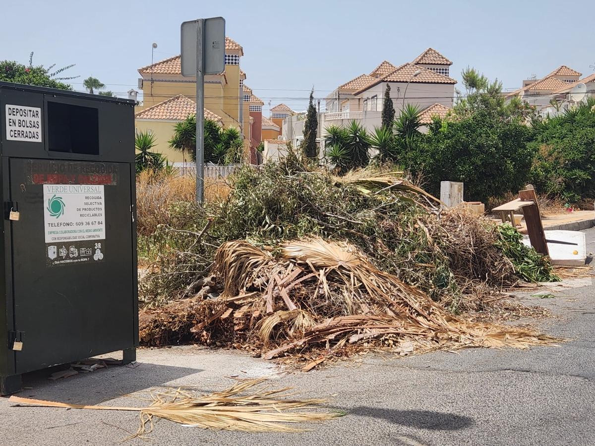Así están los contenedores de basura de San Miguel de Salinas: hasta arriba de podas y enseres sin que Actúa los retire