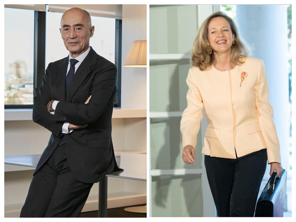 El presidente de Ferrovial, Rafael del Pino, y la vicepresidenta económica del Gobierno, Nadia Calviño.