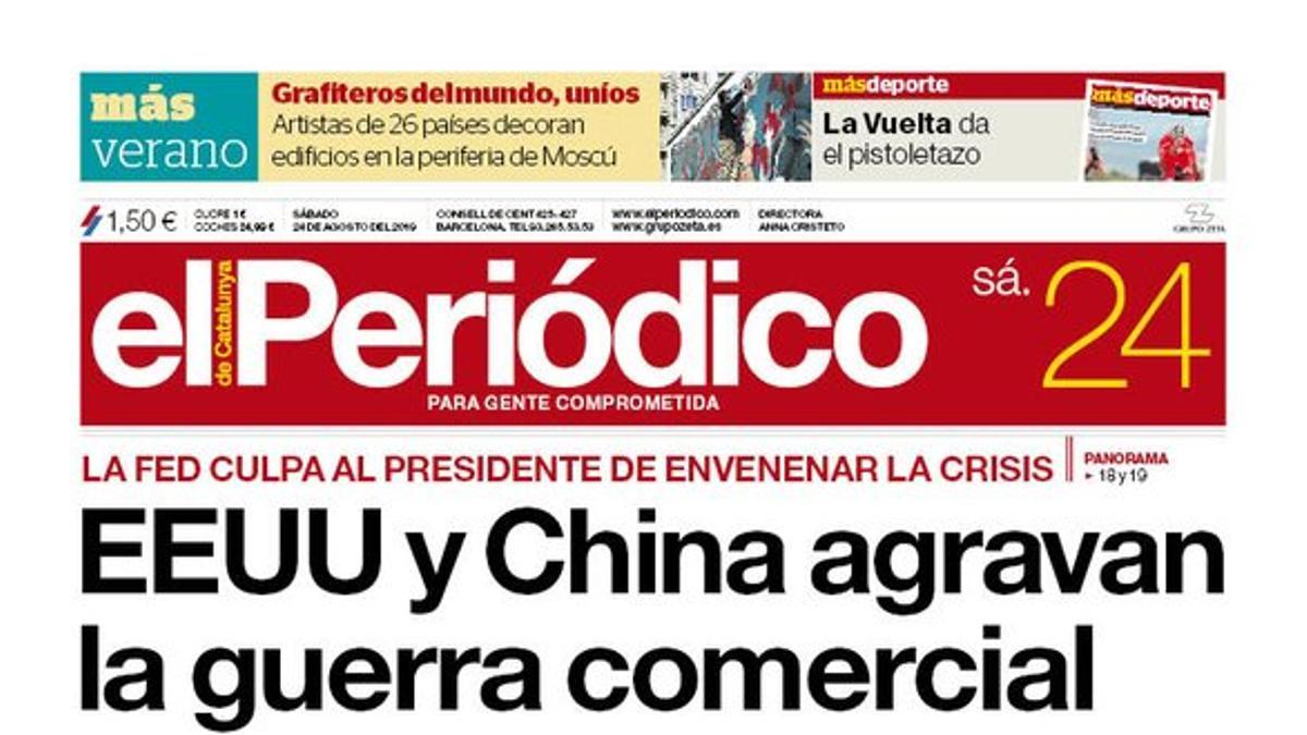 La portada de EL PERIÓDICO del 24 de agosto del 2019