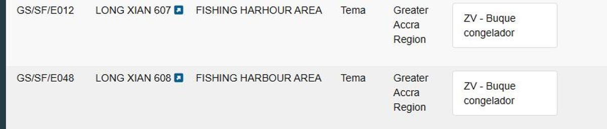 Captura de la web oficial de la CE donde constan los buques con licencia suspendida