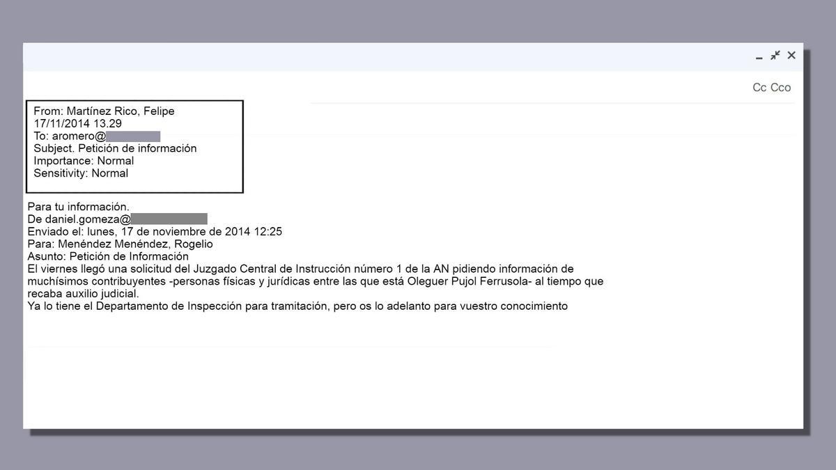 Recreación de un correo electrónico de 17 de noviembre de 2014 de Felipe Martínez Rico a Cristóbal Montoro