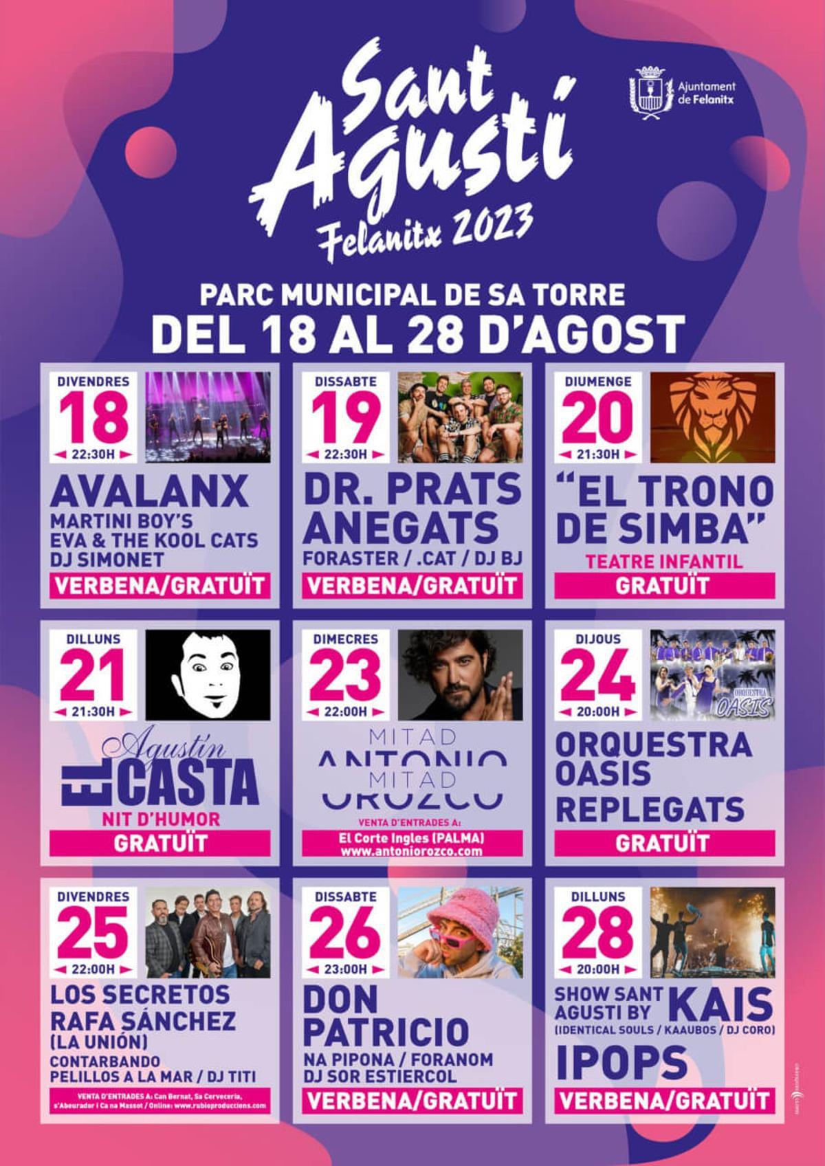 Cartel de los conciertos por las fiestas de Sant Agustí en Felanitx