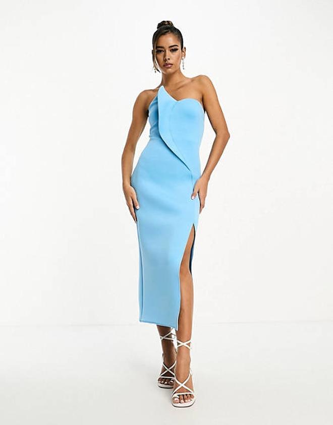 Vestido de tubo midi azul palabra de honor con volante de Asos