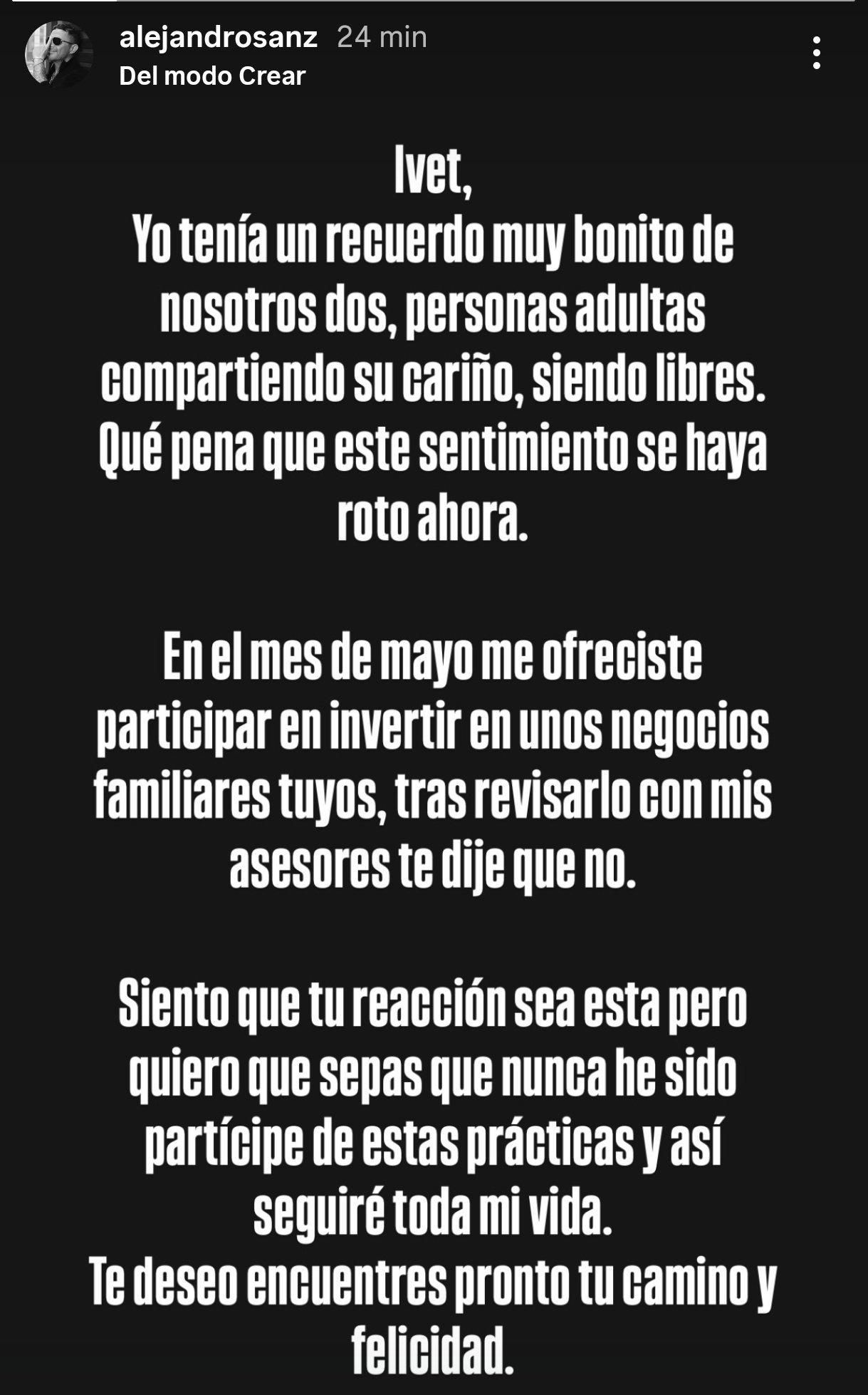El comunicado de Alejandro Sanz en respuesta a Ivet Playà