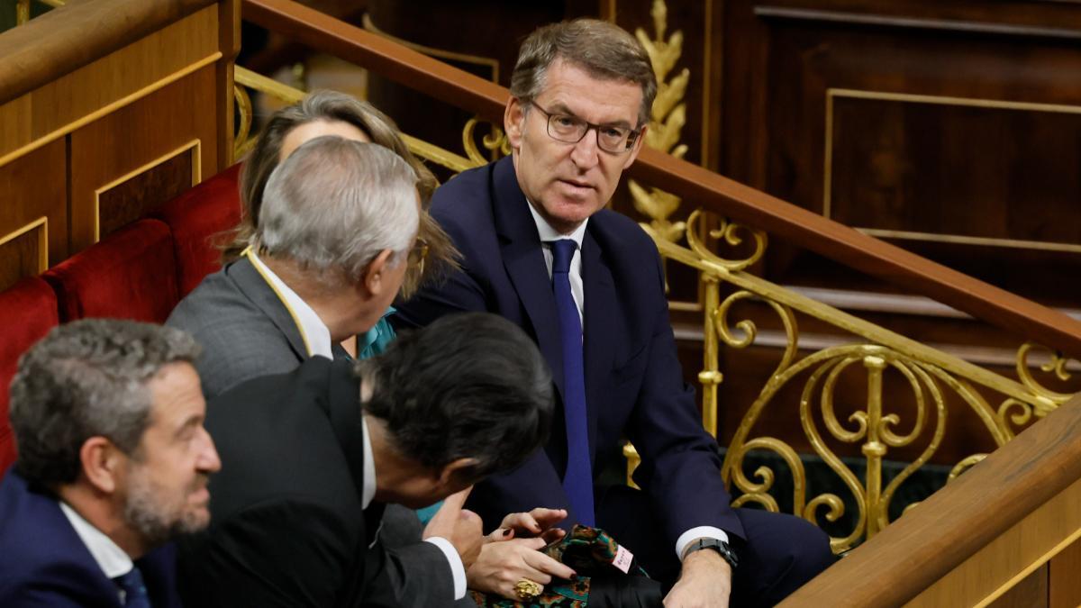 El presidente del PP, Alberto Núñez Feijóo  (d), asiste a la ceremonia de jura de la Constitución de Leonor de Borbón en el día de su 18 cumpleaños, un acto que representa el hito más importante de su trayectoria institucional y pavimenta el camino para que algún día se convierta en reina.