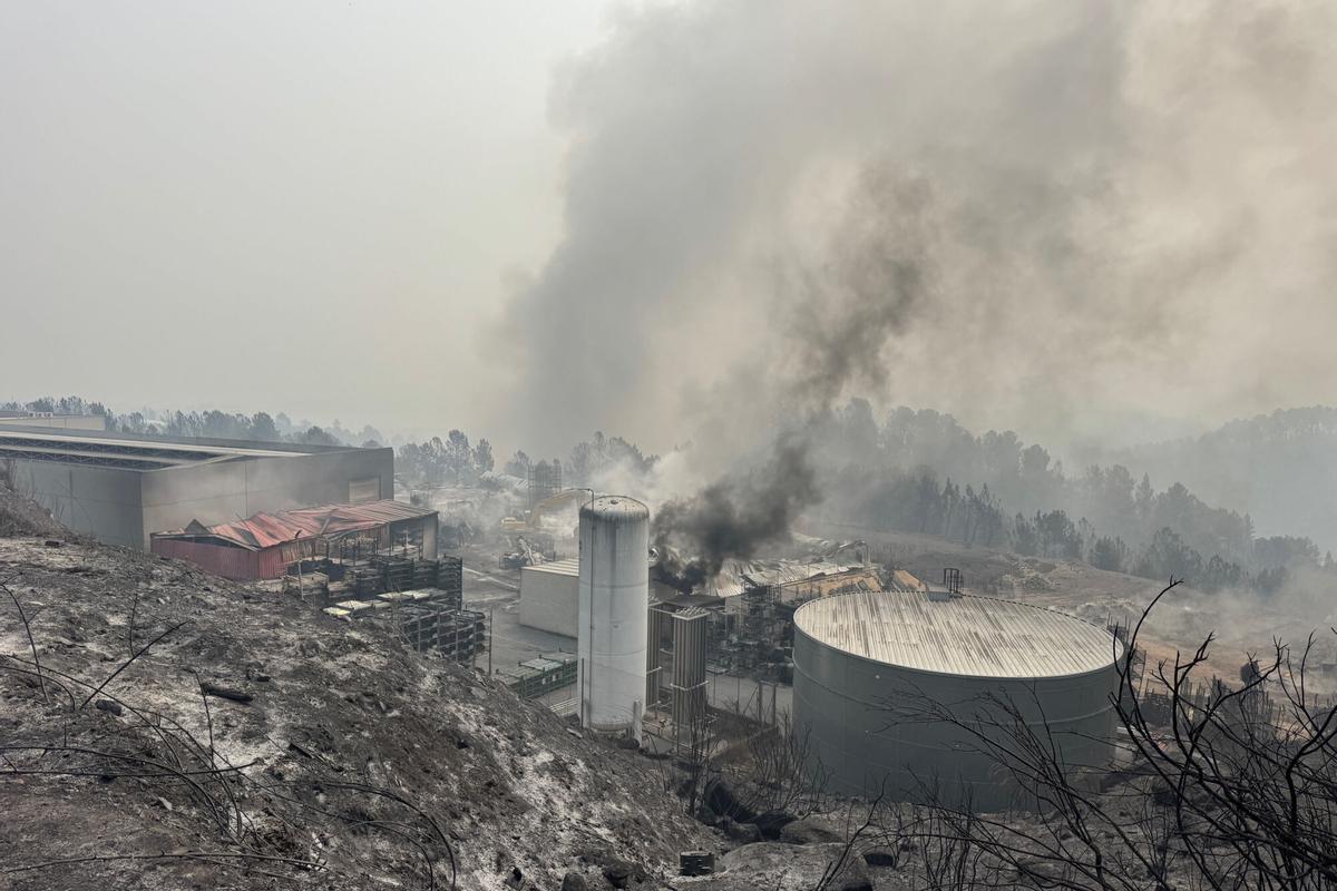 Una empresa de componentes electrónicos de coches en A Rúa de Petín resultó calcinada ayer por el incendio forestal.