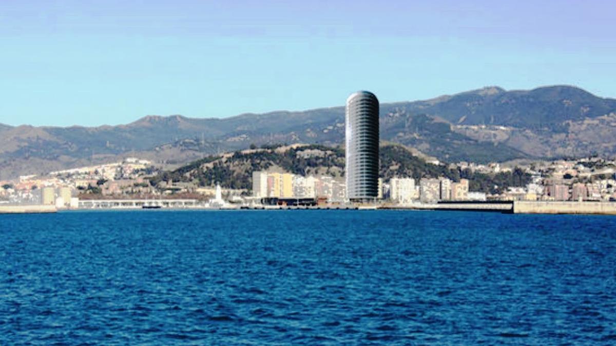 Simulación a escala sobre el impacto visual real que conllevaría la construcción del rascacielos previsto en el dique de Levante.