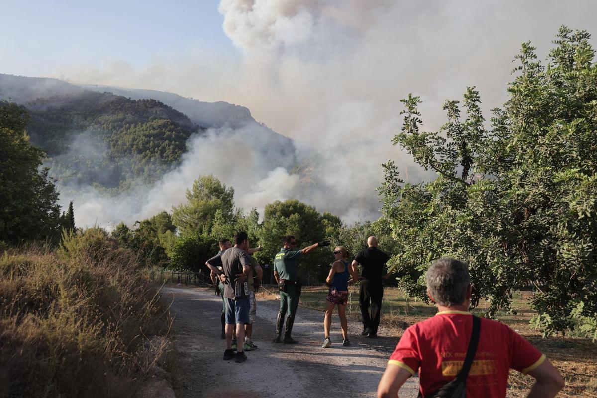 Vecinos y vecinas de la Vall d'Uixó tratan de ayudar a frenar el fuego del incendio.