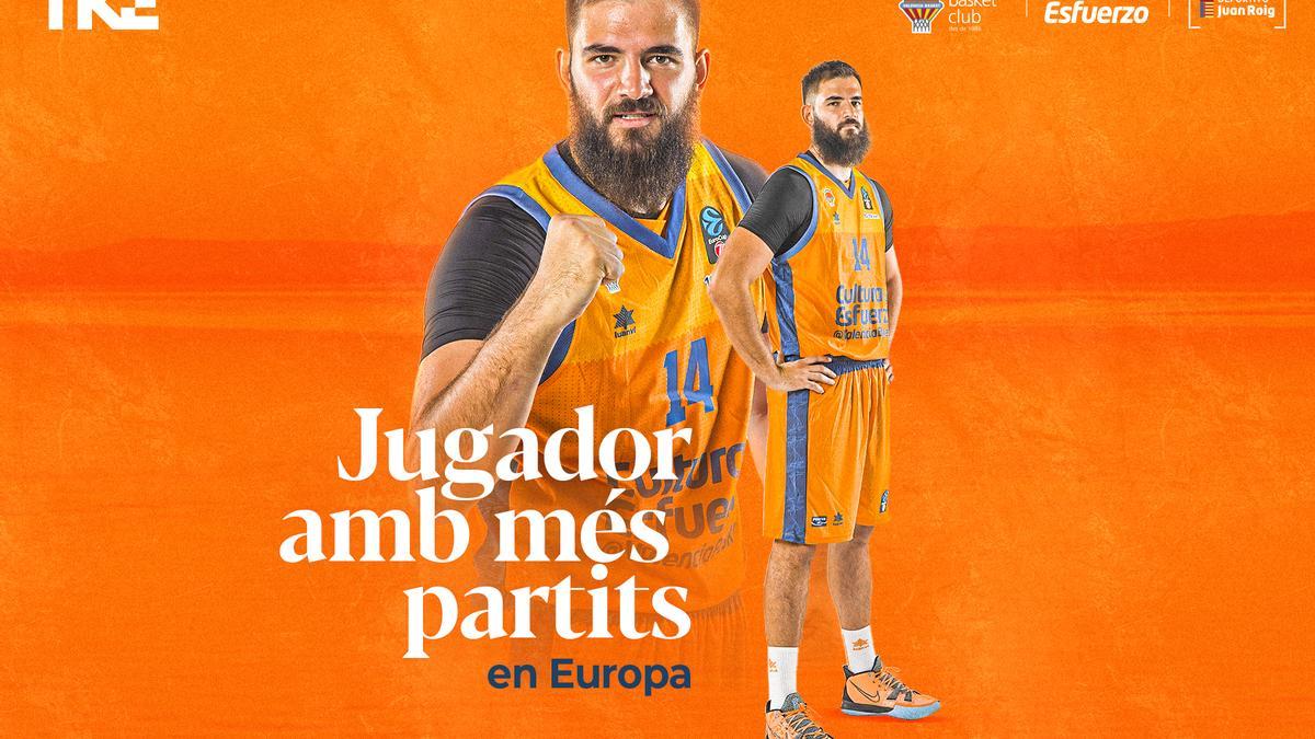 Bojan Dubljevic, jugador con más partidos en competiciones europeas con Valencia Basket .