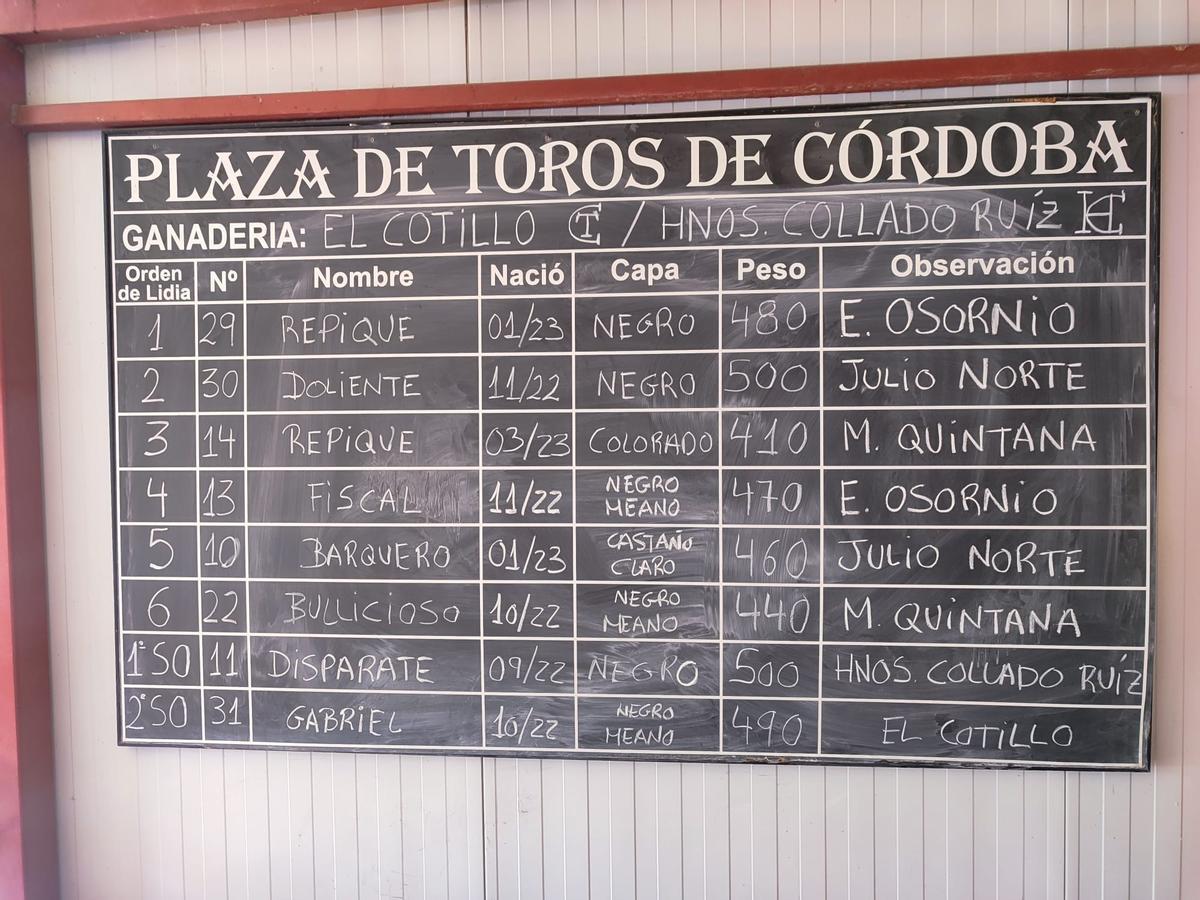 Tablilla con el sorteo de los novillos que se lidiarán esta tarde en Córdoba.