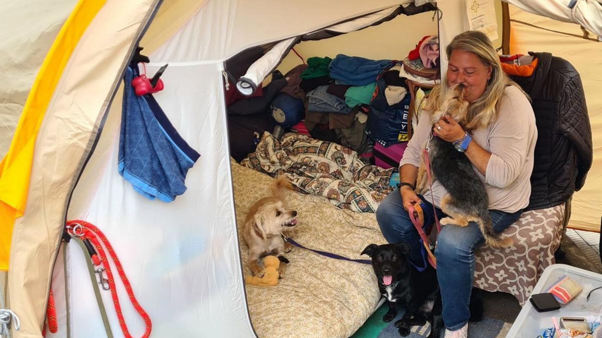 Reina González, en la caseta donde vive en la plaza Ana Bautista de La Cuesta junto a sus perros Pach, Blacky y Tika.