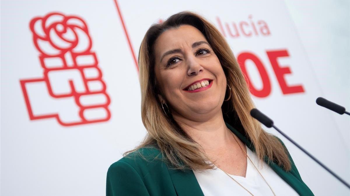 La presidenta andaluza en funciones, Susana Díaz, en la rueda de prensa que ha ofrecido este viernes.