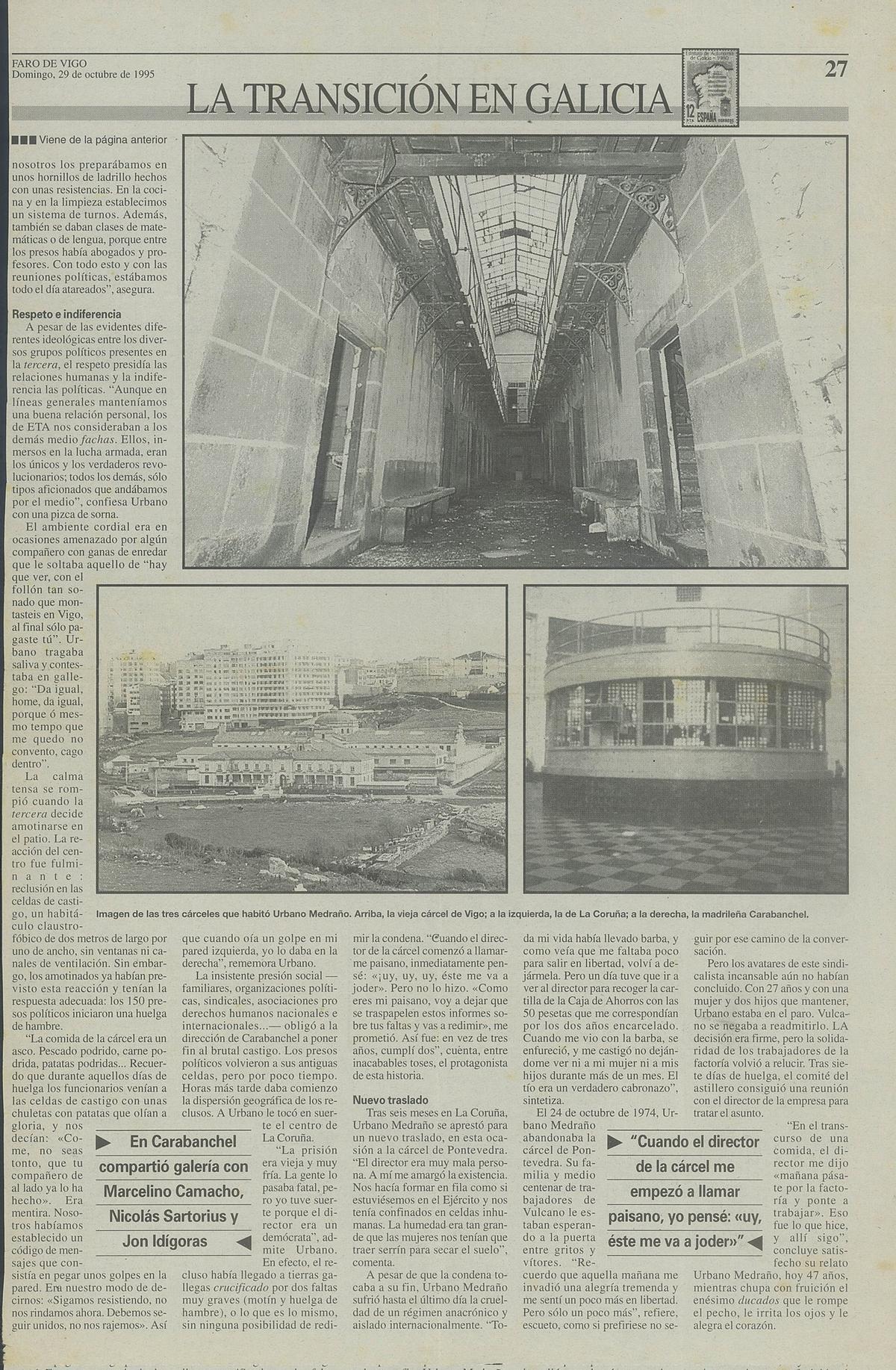 Segunda parte de la doble página del artículo sobre Urbano Medraño publicado en 1995 en Faro de Vigo.