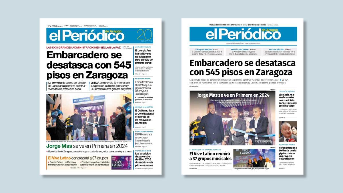 A la izquierda la antigua portada y a la derecha con el nuevo diseño de EL PERIÓDICO DE ARAGÓN
