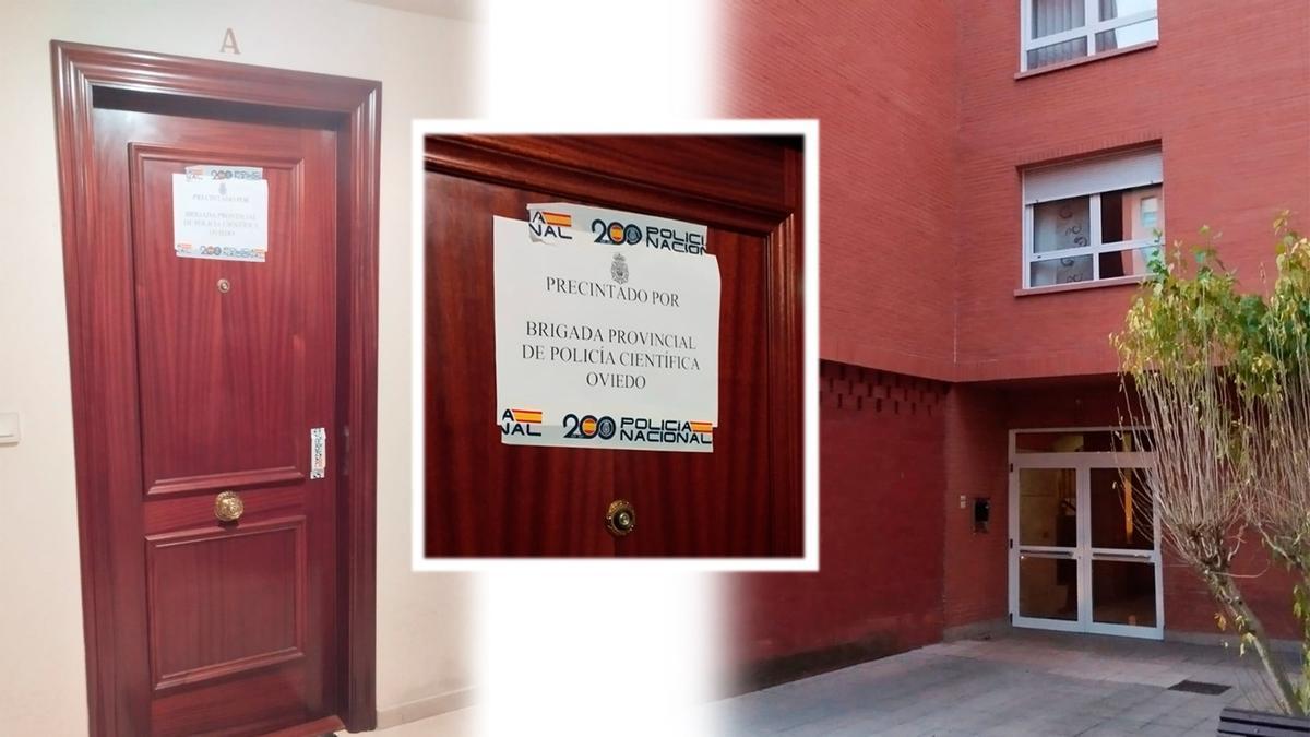 El edificio donde ocurrió el crimen en La Corredoria, y la puerta de la vivienda, con el precinto policial.