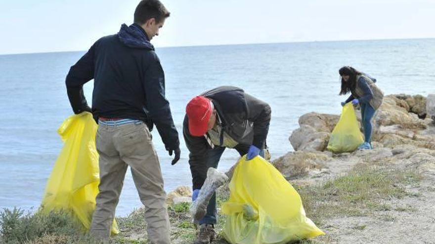 Voluntarios durante la jornada de limpieza de microplásticos en la playa de la Gola y junto a las Salinas de Santa Pola, ayer, que reunió a familias al completo.