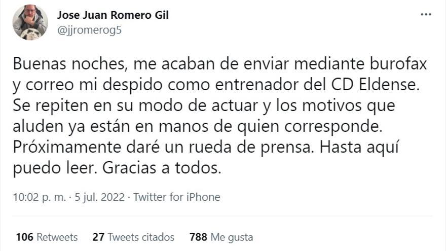 Captura del tuit publicado por José Juan Romero después de que el club le notificara el despido.