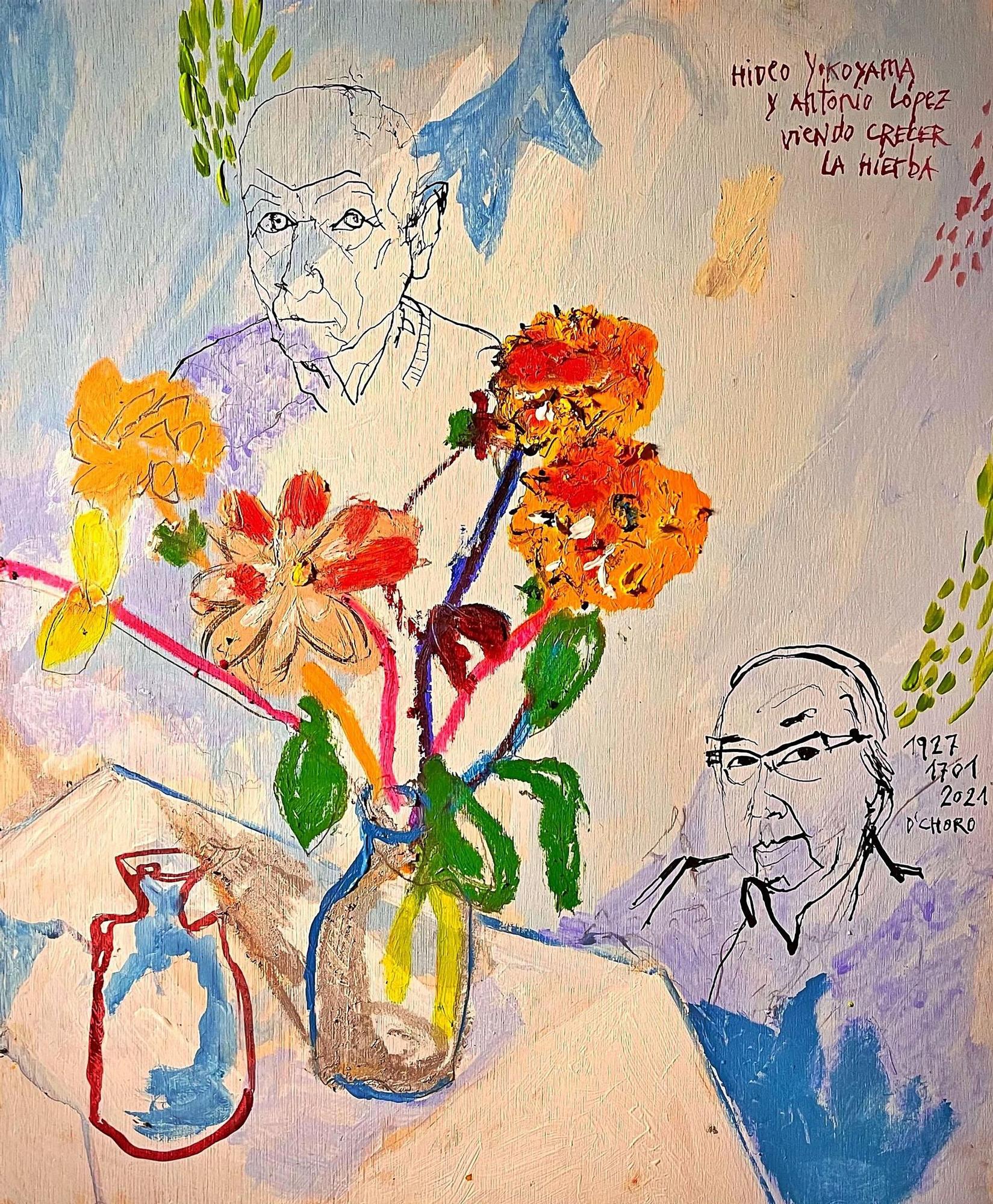 “Antonio López e Hideo Yokoyama viendo crecer la hierba” (acrílico, tinta china y oil stick sobre madera) por O`Choro