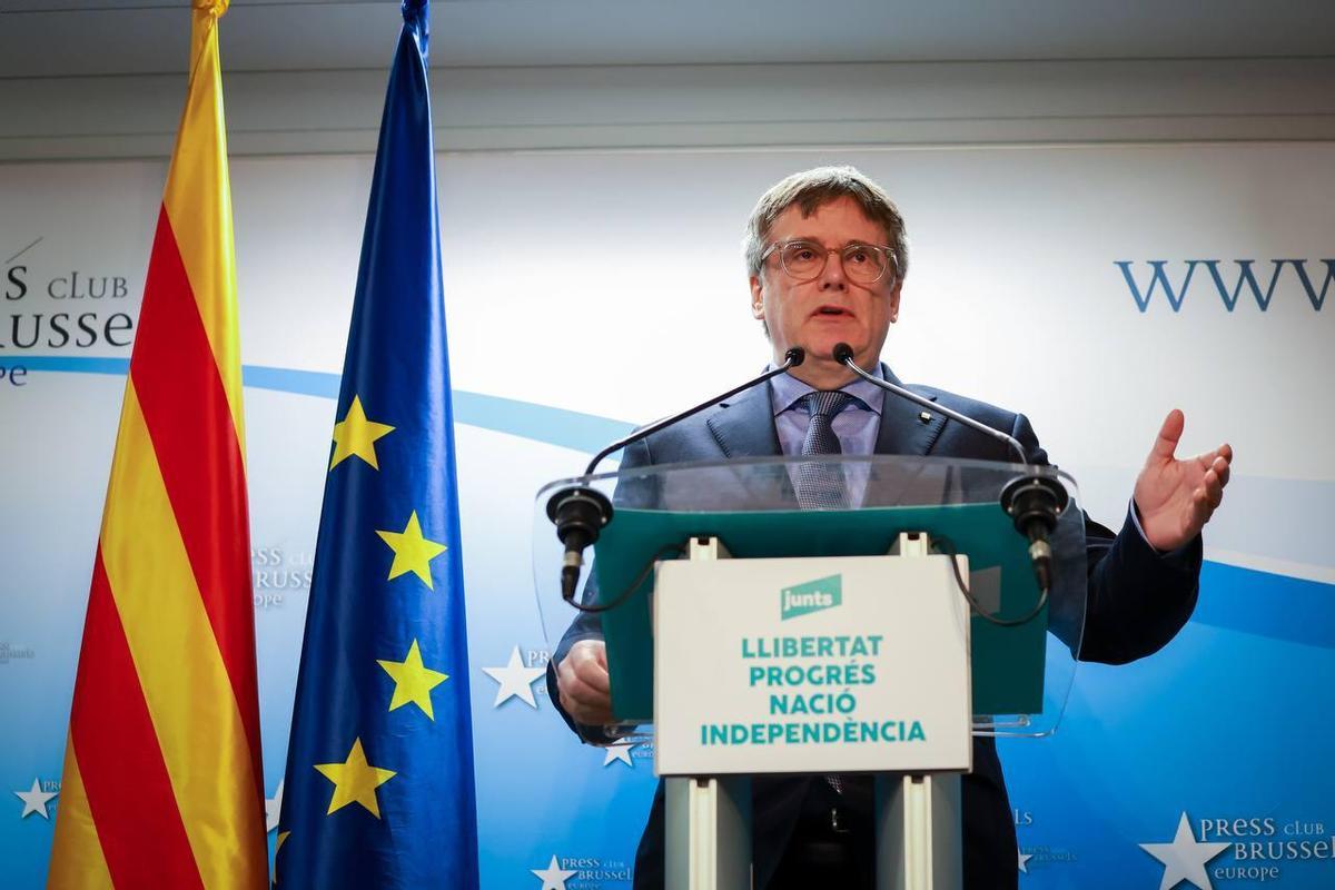 El líder de Junts, Carles Puigdemont, durante la comparecencia en el Press Club de Bruselas