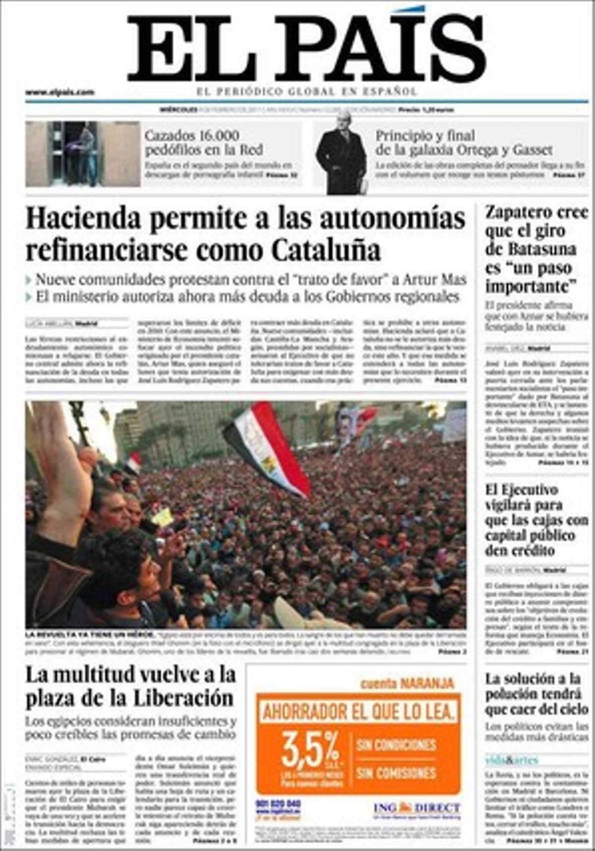 ’El País’ també destaca que el CIS registra la pitjor valoració d’un president i un líder de l’oposició a Espanya, que el Ministeri de Treball estima que el 40% es jubilarà als 67 anys després de la reforma de les pensions, que les societats científiques carreguen contra la Generalitat per eliminar la ’zona 80’, que el 98% dels bars espanyols compleixen la llei contra el tabac, que la crisi triplica la compravenda entre particulars a internet, i que la Lliga de Futbol Professional (LFP) proposa una plantada per exigir que se suprimeixi el partit televisat dels dissabtes.